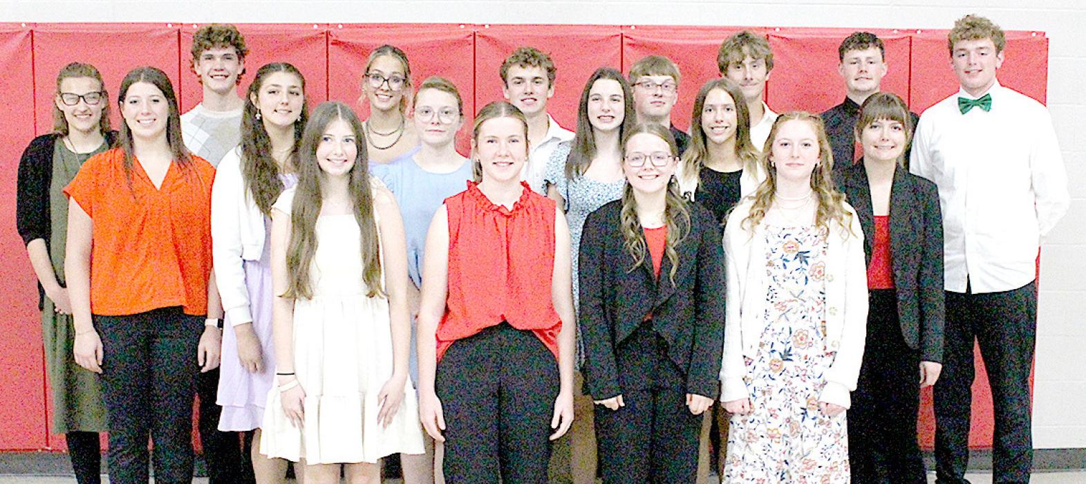 All participants in the local oral interpretation contest were, Back row, l to r: Claire Engel, George Timanus, Aubree Miller, Ryler Stevicks, Bo Brozik, Isaac Hull, Cruz Klundt, and Jackson Bolander. Second row, l to r: Ella Sperl, Savanah Lozano, Charissa Ring, Ellyse Grage, Addy Stukel, and Piper Bartlett. Front row, l to r: Maya Hull, Danielle Timanus, Madisan Graber, and Mia Haines.