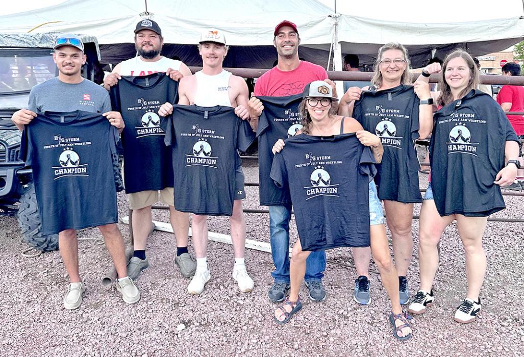 A record crowd turned out to watch the Monster Arm Wrestling Tournament at Gregory Lanes on July 4, 2025. Winners are, l to r: Luke Murray, men’s 180#; John Peck, men’s heavyweight; Jordan Vosika, men’s 160#; Nate Sedlacek, Men’s 220#; Shawn Miner, women’s 120#; Ewa Jedlicki, women’s heavyweight; and Lacey Fiebelkorn, women’s 160#. The match of the night was a nine-minute marathon between JJ Wolf and Michael Fiebelkorn.