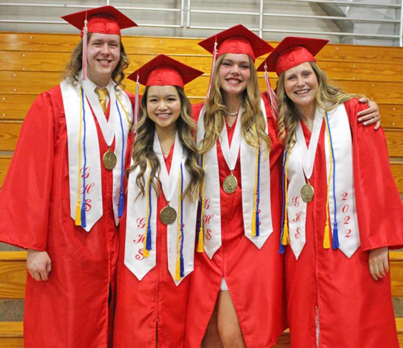 Four members of the class of 2022 completed high school with a 4.0 gpa. They are, l to r, Christian Spann, Nancy Khuu, Dakota Timanus, and Gracie Kenzy. (Photo by Kristi Ring)