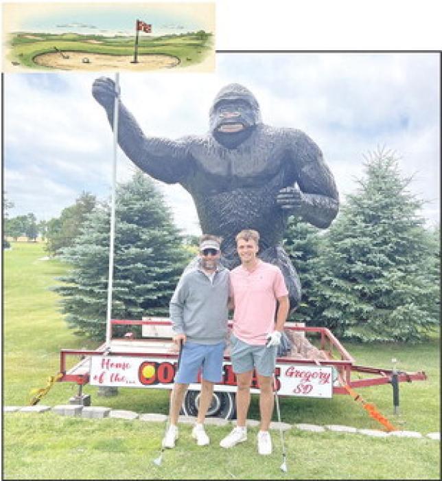 Back row, the Gregory Gorilla, front row, l to r; golf ball from hole 3’s tee box, David Fogel, and Eli Fogel. (Picture by Doug Pochop)