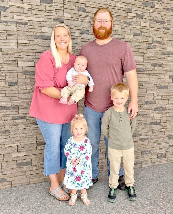 The Caitlyn and Derrick Peterson family is shown here with children Ryatt, 4, Lavyn, 19 months, and Salym, 3 months.