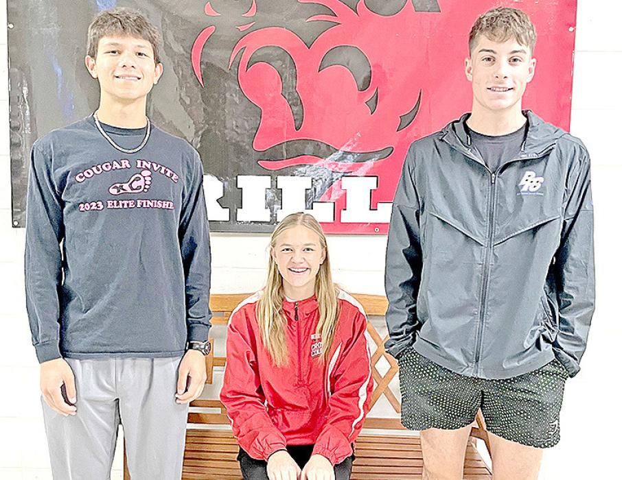 State qualifiers for cross country are, l to r: Luke Baretto, Abigail Engel, and Fin Adams. (Photo by Kristi Ring)