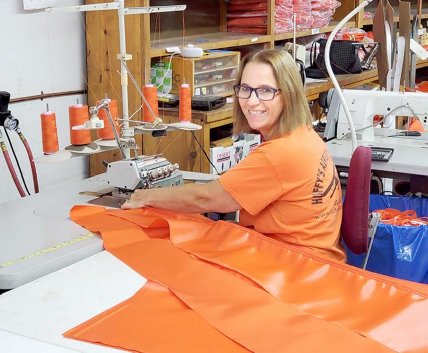 Sue Vogt, Jacky’s cousin, sews windsocks for the business. The windsocks range in size from a keychain to 12 feet long, with a 36 inch diameter. She uses wooden patterns to cut the material, which are typically sewn using two panels.
