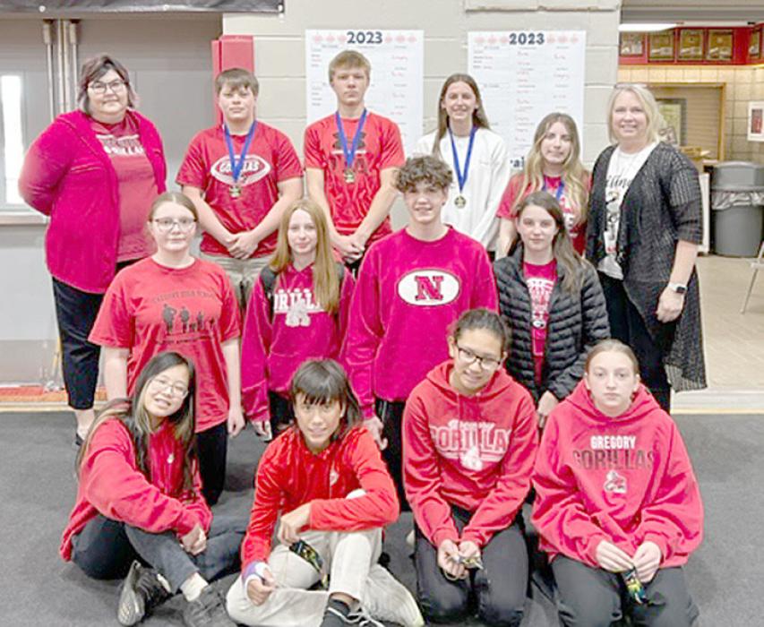 Gregory’s eighth grade students claimed first place. Those participating were, back row, l to r: Gregory’s chair person Christina Baldwin, Max Bearshield, Landon Keiser, Regan Graesser, Kamre Peabody, and chairperson Lenna Braun. Middle row, l to r Gregory’s seventh graders: Charissa Ring, Mia Haines, George Timanus, and Ellyse Grage. Front row, l to r: Vivian Nguyen, David Biggins, Eliana Fiebelkorn, and Jerilee Hanson - were Gregory’s sixth graders who placed third.