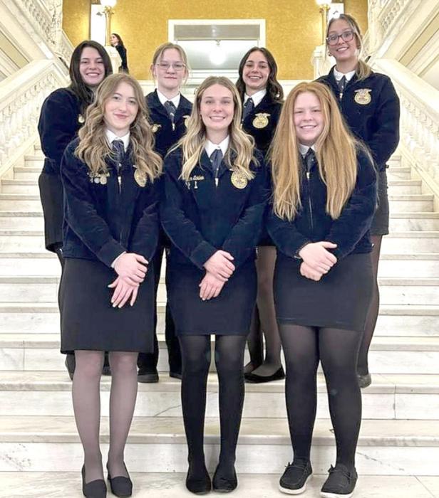 All 64 of South Dakota’s district officers from eight districts attended District Officer Training in Pierre. Gregory County FFA’s two members who are district officers, Avery Zeisler and Aubree Miller, are third and fourth in the top row in this photo taken at the state capitol.