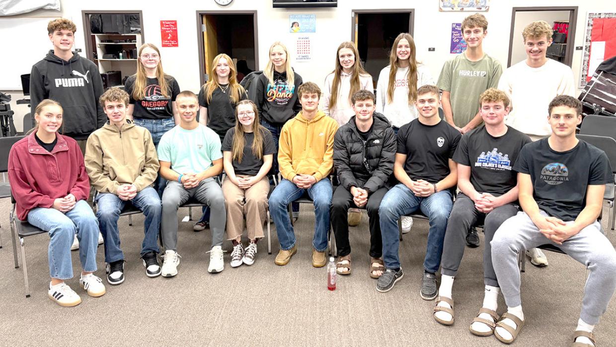 The Gregory Student Council consists of back row, l to r: George Timanus, Charissa Ring, Mia Haines, Miley Janek, Adelyn Veskrna, Regan Graesser, Isaac Hull, and Tyler Kenzy. Front row, l to r: Asia VanDerWerff, Ryler Stevicks, Lincoln Juracek, Madi Graber, Nick Kenzy, Cruz Klundt, Max Cook, Jackson Bolander, and Cole Serr.
