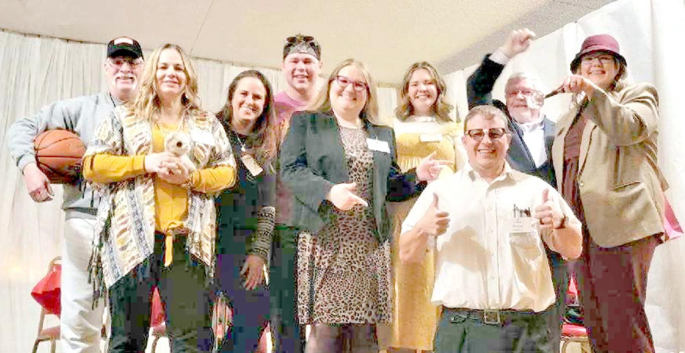 The Gregory/Dallas Chamber of Commerce hosted a murder mystery dinner, catered by Gregory Lanes, at the Dallas Legion on Saturday, February 8, 2025. The cast consisted of Ronda Graber, Caitlin Kurtz, and Mark Braun, front row, l to r, and Wes Schell, Shannon Lunne, JJ Beck, Sara Strand, Russ Grim, and Liz Van Overschelde, back row, l to r.