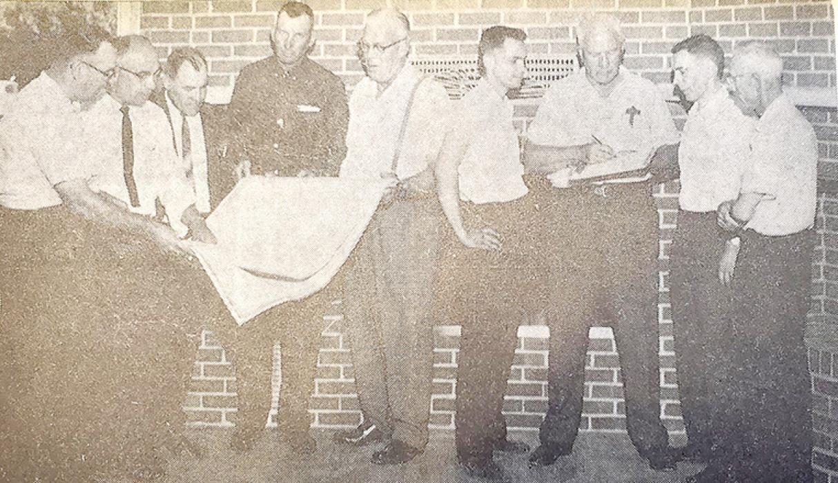 The architect’s inspection was held at the end of June 1962. Shown are Raymond Scott, Pierre, Division of Hospital Facilities; Wendell C. Fritzell, Sioux Falls, architect; R.M. Kratzer, president of the board; Woodrow Sinkular, board member; E.O. Stene, Sioux Falls, general contractor; Elmer Karl, electrical contractor; Al VanderBerg, Sioux Falls, architects inspector; Martin Tilton and Roy Adams, members of the board.