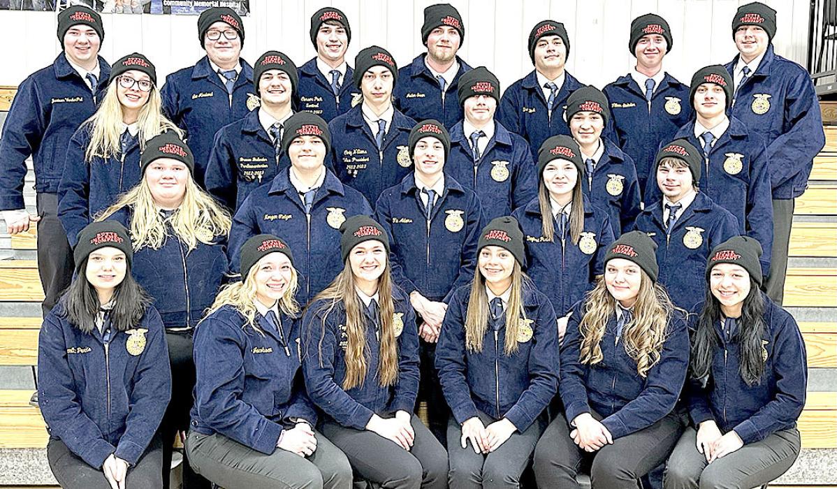 Gregory County FFA received a 2023 AGCO Chapter Financial Assistance Program grant from Butte Implement Company in Butte, NE. FFA members are shown here in official dress with stocking hats received from Butte Implement.