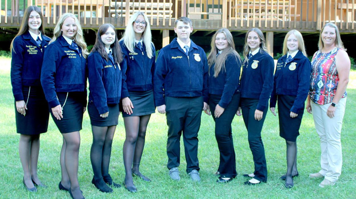 Those attending the FFA Leadership Retreat held on July 11th-14th were, l to r: South Dakota FFA Ambassadors and National FFA Central Region Vice-President Karstyn Cantrell, South Dakota FFA Reporter Gabrielle Rebelein, Sammy Parkis, Aubree Miller, Morgan Tietgen, Ava Kerner, Avery Zeisler, South Dakota FFA Treasurer Gretta Larson, and Gregory County FFA Chapter Advisor Mollie Andrews.