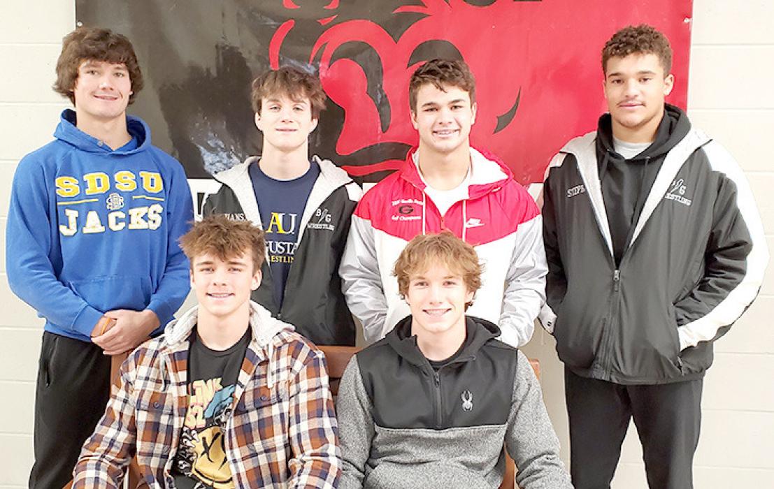 The six Gregory Gorilla football players chosen to the SD Football Coaches Association’s All-State team are standing: Rylan Peck, Owen Hansen, Trey Murray, and Gunnar Stephens; seated: Eli Fogel and Kade Stukel.