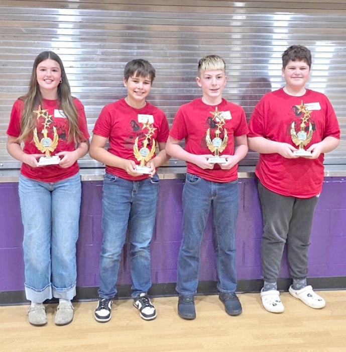 The second Gregory team to win their division was the 5th grade team of Livvy Bice, Nicholas Johnson, Christian Ring, and AJ Timanus, shown l to r.