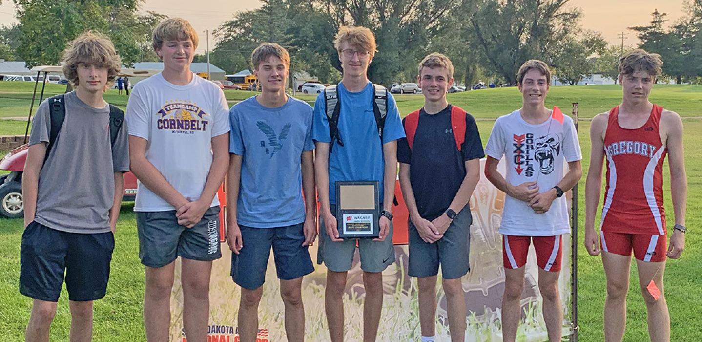 The Gregory boys cross country team, shown l to r: Isaac Hull, Jackson Bolander, Nick Kenzy, Luke Sinclair, Fin Adams, and Pierce Stukel, brought home the team title from the Wagner meet on September 12. The girls team placed second. (Submitted photo)
