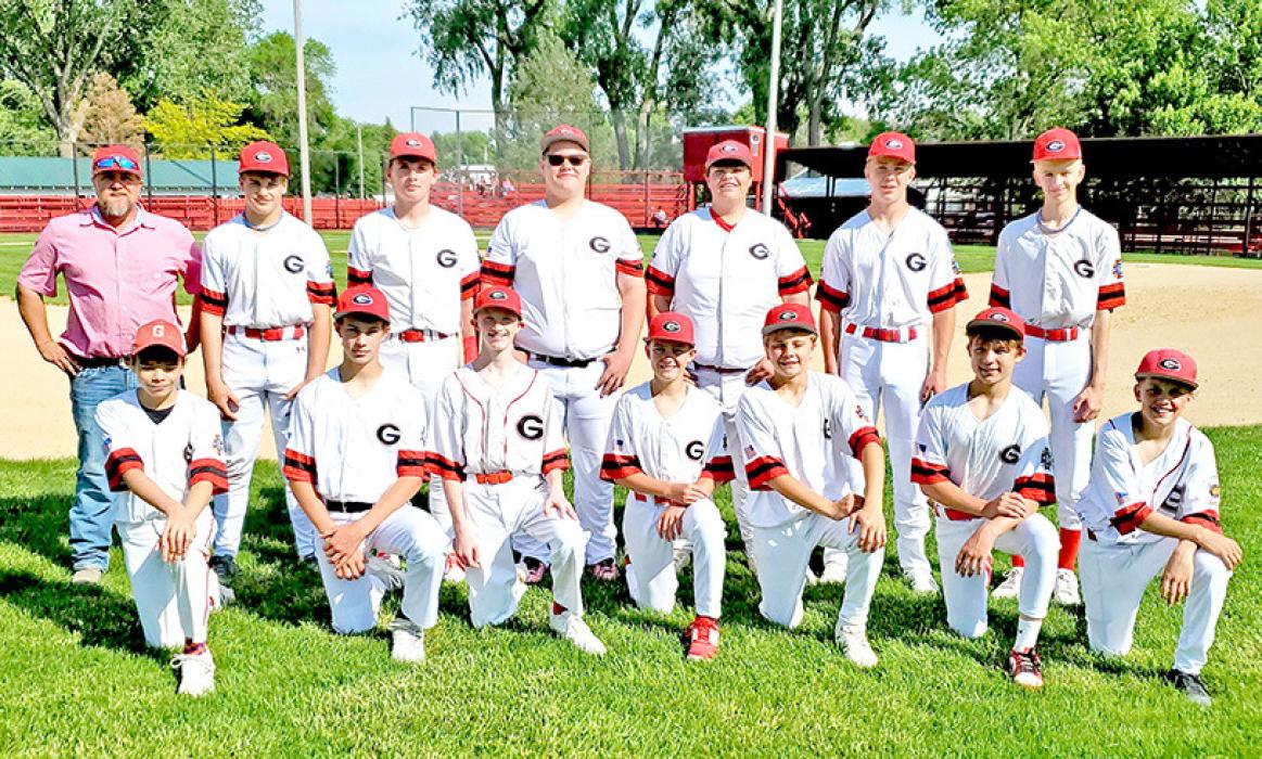 Members of the 2025 Jr. Teeners (14U) are, back row, l to r: Coach Nick Reber, Ryggan Lambley, Jacob Klein, Austin Vosika, Andy Simpson, Wyatt Beck, Jakoby Schonebaum; front row, l to r: Fielding Johnson, Reed Sedlacek, Oakley Fuhrer, AJ Lutt, Gabe Ekroth, Dane Johnson, and Otto Reber.