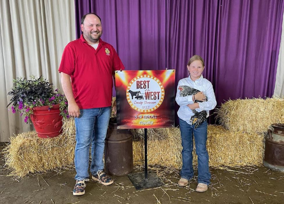 After exhibiting her Grand Champion poultry in the Tripp County Fair, Lydia Wonnenberg went on to compete at the Best of the West County Showcase in Wessington Springs on Sunday, August 14. Grand champions from counties across South Dakota were eligible to compete in this showcase. Wonnenberg earned fifth place overall in the poultry division. The event handed out over $4,800 in buckles, banners, and cash to the top five exhibitors in each of 13 different divisions.