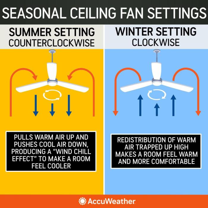 This graphic from AccuWeather shows the proper direction to run a ceiling fan depending on the season.