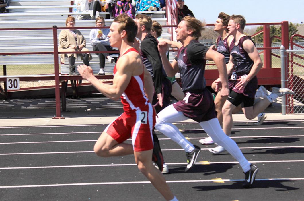 Kade Stukel (#2) came home from the Platte-Geddes Relays with three gold medals last Saturday. He won the 100 meter dash in 11:61, and was part of the first place 1600 meter sprint medley and 4x400 meter relay teams. (Submitted photo)