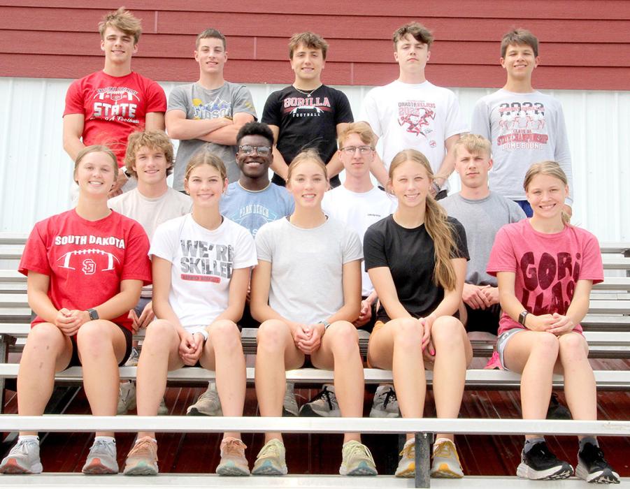 Members of the men’s and women’s track teams headed to state are back row, l to r: Eli Fogel, Finn Adams, Luke Stukel, Pierce Stukel, and Luke Barreto; middle row, l to r: Kade Stukel, Daniel Mitchell, Luke Sinclair, and Paul Sinclair; front row, l to r: Jessy Jo VanDerWerff, Dani VanDerWerff, Asia VanDerWerff, Cassidy Keiser, and Emily Grim.