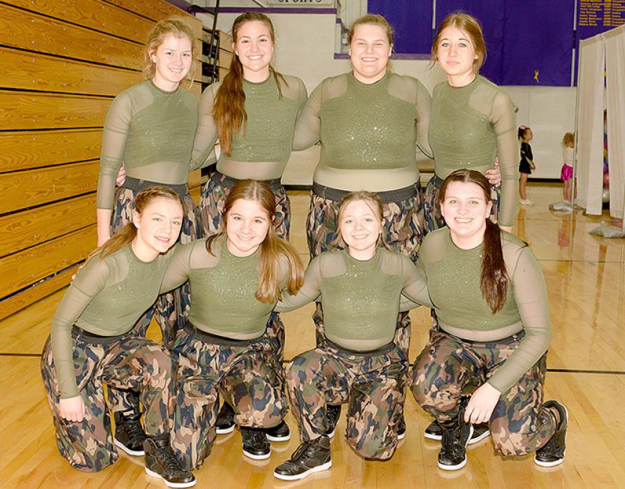 These girls performed “Believer” in the Hip Hop Senior Division, and claimed second place. They were, back row, l to r: Madalyn Reiser, Taylor Even, Katelyn Dvorak, and Lillie Jamison. Front row l to r: Madeline Derry, Madilynn Nolan, Madi Graber, and Addison Birmeier.