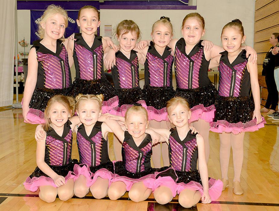 In the Jazz - Tiny Division, the girls captured first place with “Throwback Love”. This group included back row, l to r: Elizabeth Kerner Anderson, Evie Tiefenthaler, Adyson Classen, Tenley Janousek, Bridget Cahoy, and Talia Kazena. Front row, l to r: Harper Jamison, Evyn Frederick, Emerson Van Metre, and Chloe Smith. This group also tied for third place in overall dance.