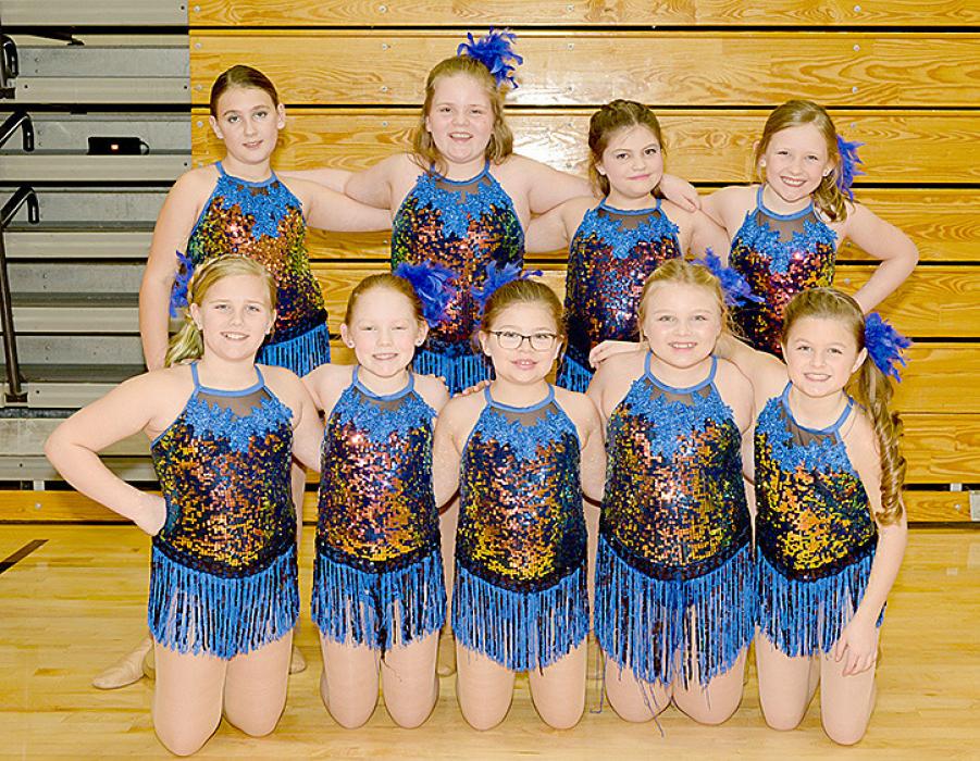 Performing “Dynamite” in the Jazz - Youth Division, these girls received a 1st place. Back row, l to r: Sadie Andrews, Brielle Cahoy, Landryn Nielsen, and Norah Glover. Front row, l to r: Allie Roth, Eva Lindholm, Kateline Derry, Kyra Reiser, and Jazlee Schonebaum.