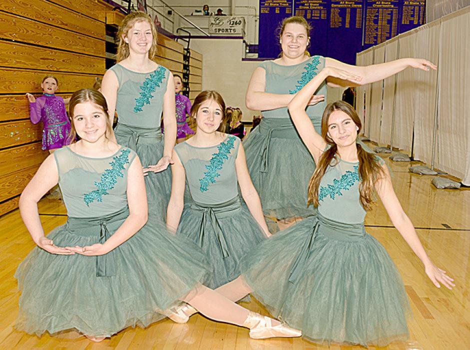 Madalyn Reiser and Katelyn Dvorak (back row), Lillie Jamison (center), and Madilynn Nolan and Addi Janousek (front row) captured third place in Pointe - Junior Division with “Celestial.”