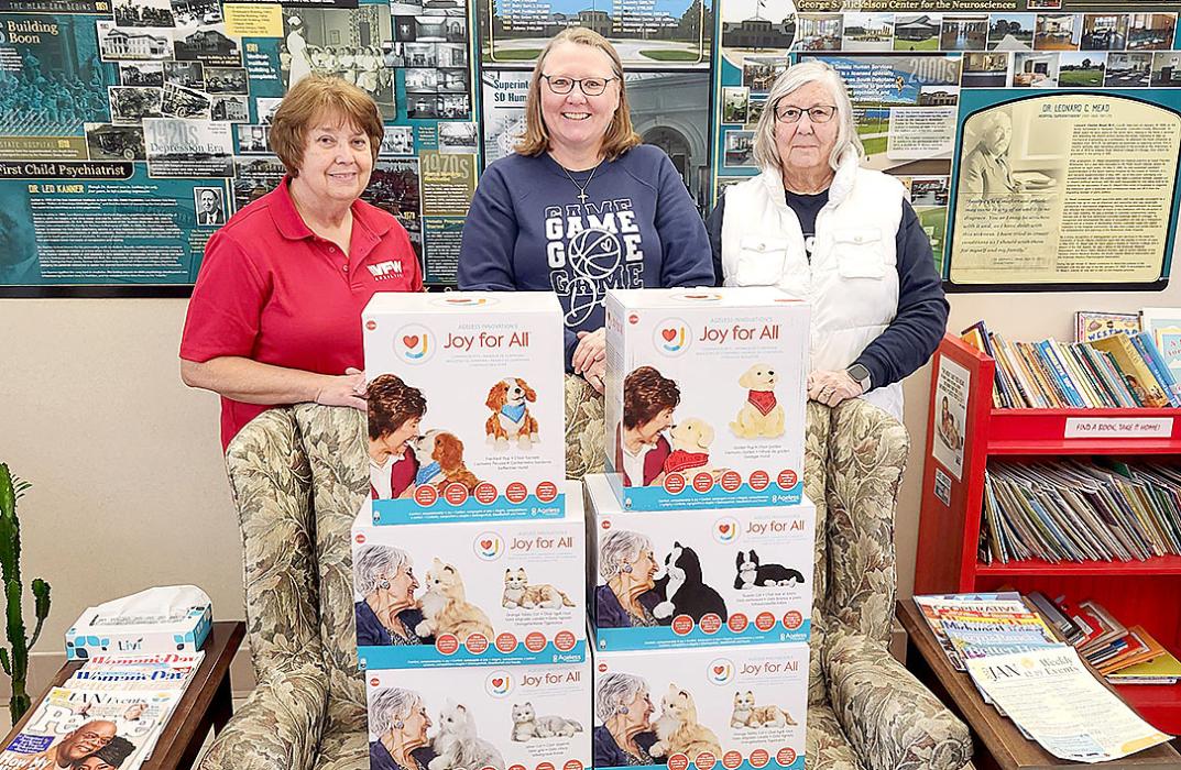Auxiliary members donate six animals to HSC. Members pictured are, l to r, Judy Potts of VFW Post 791, VFWDHC (HSC hospital representative); Tamara Bull, VFW Post 9950 of Burke, SD, secretary; and Georgia Serr, VFW Post 9950 of Burke, SD, treasurer.