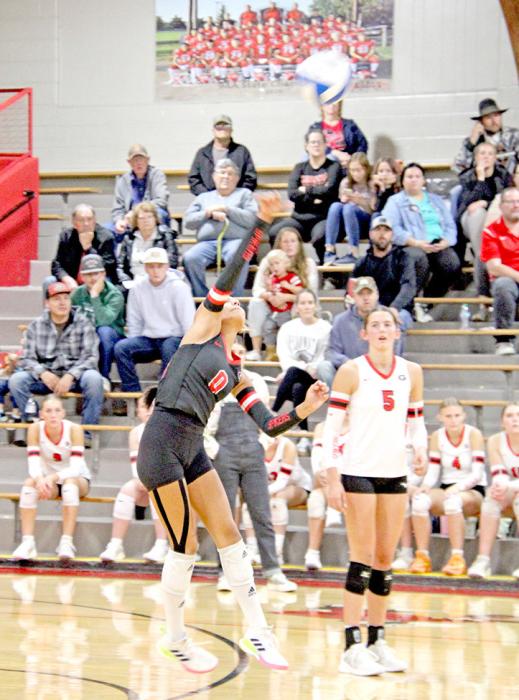 Haylie Vaughn, #0, puts the ball over the net in the Spikers’ win over Andes Central/Dakota Christian last Monday.