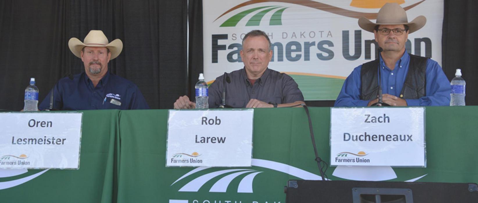 Zach Ducheneaux, right, U.S. Department of Agriculture Farm Service Agency Administrator, was among the thought leaders to discuss food security with farmers, ranchers and other fairgoers during Farmers Union Day at the South Dakota State Fair. Other panelists included National Farmers Union President, Rob Larew, center, and Oren Lesmeister, left, a Parade rancher, small business owner and District 28-A State Representative. (Photo submitted by South Dakota Farmers Union)