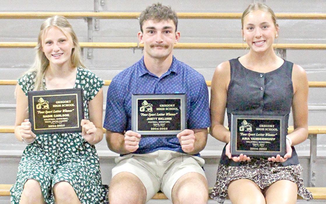Four sport letter winners are, l to r: Abigail Holmes, Sadie Carlson, Jhett Eklund, and Asia VanDerWerff. (Photo by Alexis Kortan)