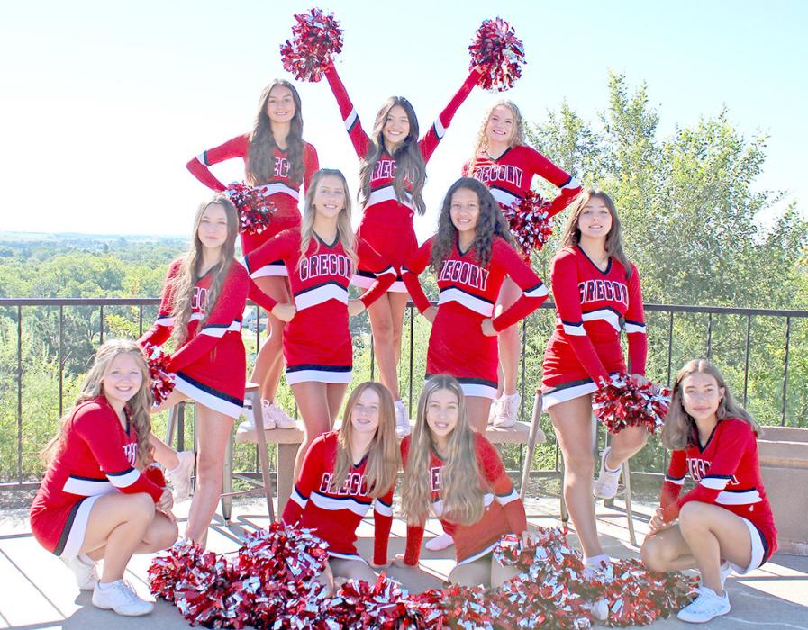 The Gregory High School cheer and dance team will compete at state in Sioux Falls on Friday, October 20. They are, back row l to r: Paige Rezac, Cindy Khuu, and Kaydence Klein; middle row: Kaelynn Rezac, Adyson Stukel, Eliana Fiebelkorn, and Savanah Lozano; front row: Madisan Graber, Mia Haines, Brynn Bearshield, and Kennley Sedlacek.