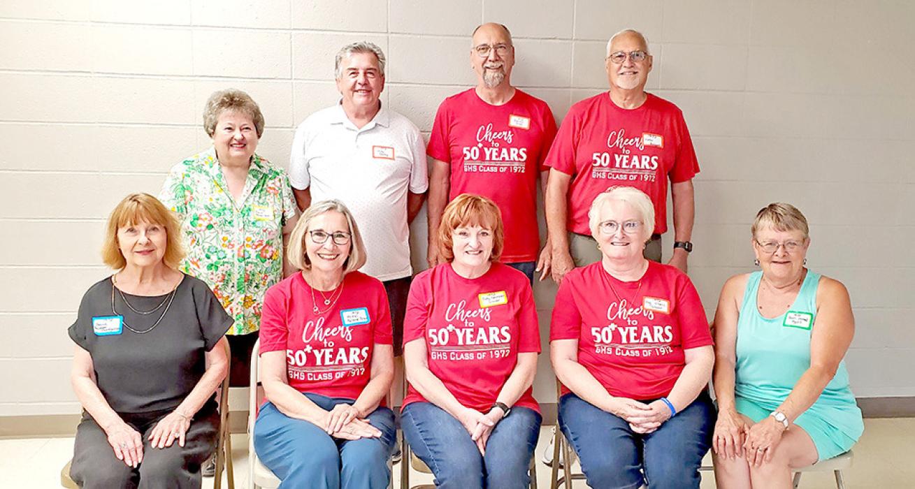 Class of 1972, back row, l to r: Carol Anderson, Michael Allen Dooley, Dennis Drey, John Knight; front row, l to r: Jeanie Montgomery, Mitzi (Palmer) Drey, Judy (Graesser) Glover, Peg (O’Neill) Glover, and Jerrene (Jerred) Hysell