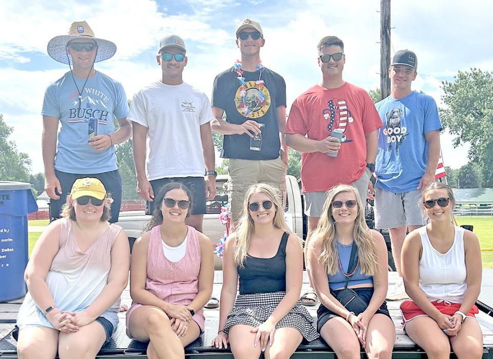 Class of 2020 on their 5-year reunion parade float. Back row, l to r: Aaron Sundquist, Luke Murray, Tommy Determan, Evan Juracek, and Jackson Eklund. Front row, l to r: Dailey Remme, BriLee (Peck) Murray, Jaslee Kerner, Makayla Thomas, and Brooklyn (VanDerWerff) Beck.