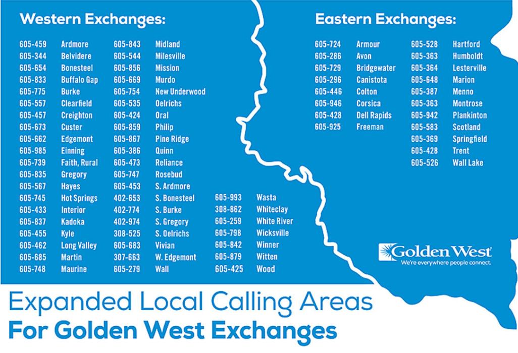 This map shows the expanded local calling areas for Golden West. Customers who live west of the river can now make local calls to anywhere else in the state west of the river.