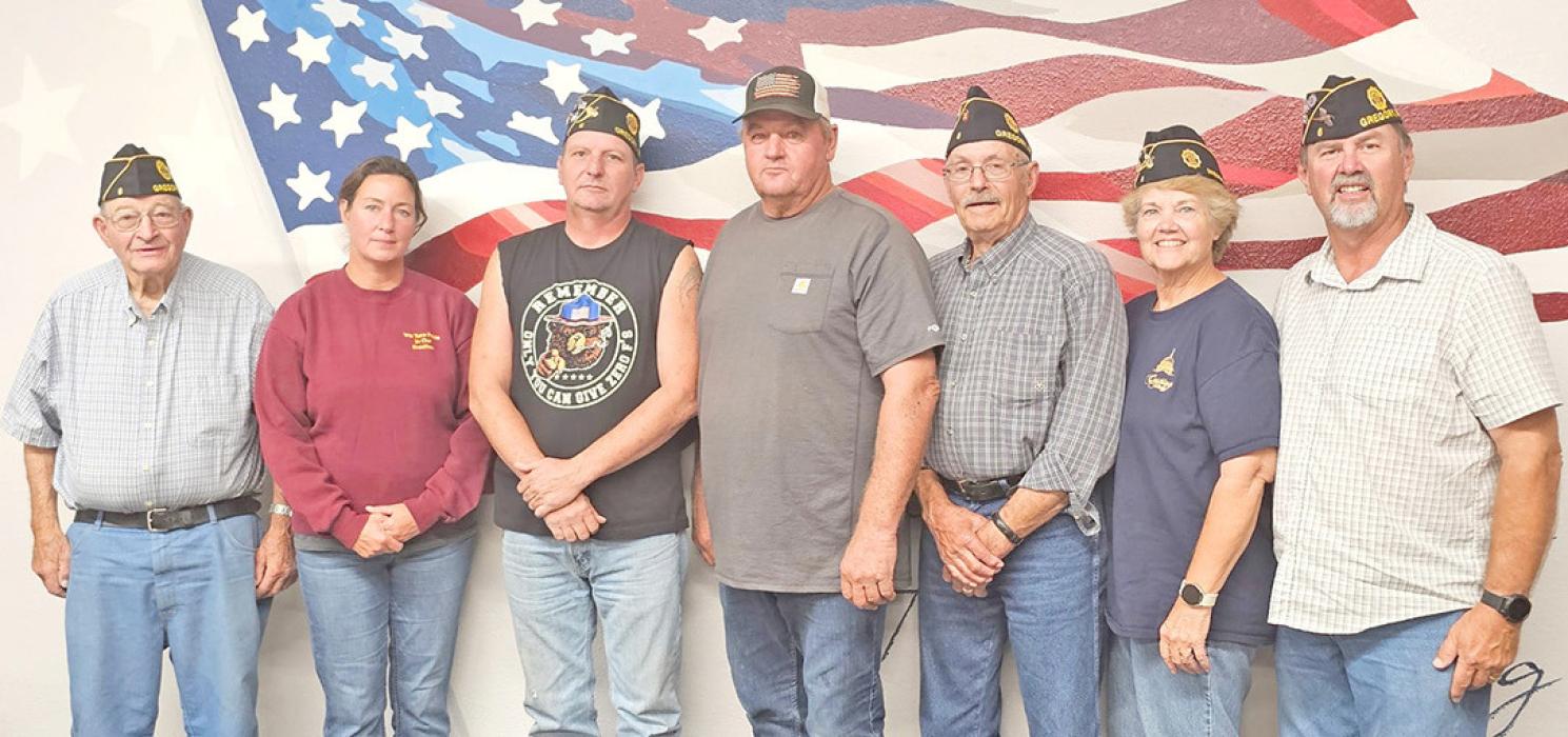 New legion board members, l to r; Adjutant: Gerald Gergen, Americanism officer: Kate Cook, Commander: Allen Dobson, 1st Vice Commander: Joe Klein, Sergeant at Arms: Dick Shaffer, 2nd Vice Commander: Sandy Smith, and Finance Officer: Greg Smith. Not present Chaplin: Ron Shattuck.