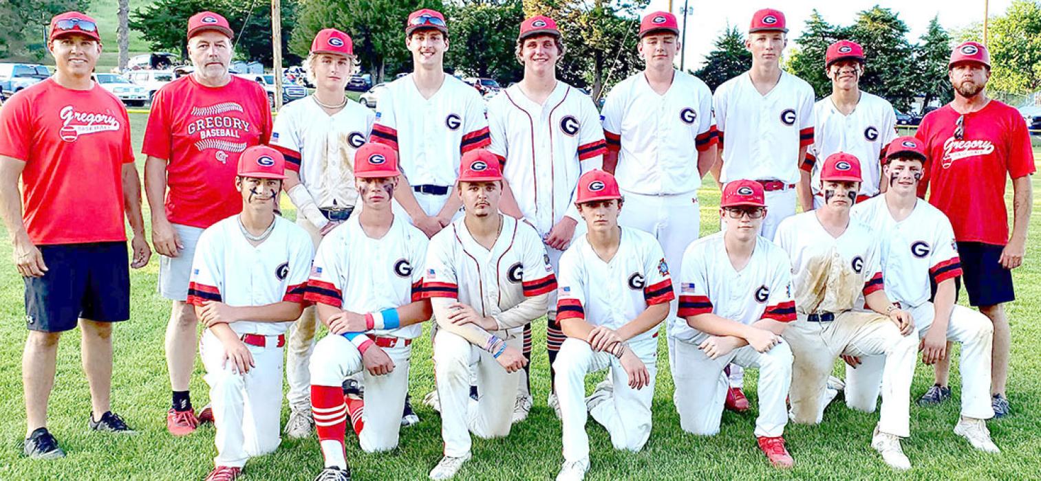 The Gregory Teeners 16U team members are: back row, l to r - Coach Ben Stukel, Coach Lonnie Klundt, Jad Leber Cole Serr, Rane Kenzy, Jackson Bolander, Colt Keiser, Noah Bearshield, and Coach Ben Bearshield; front row, l to r - Cash Hemming, Lincoln Juracek, Jader Schonebaum, Eli Ekroth, Zach Wheeler, Pierce Stukel, and Cruz Klundt.