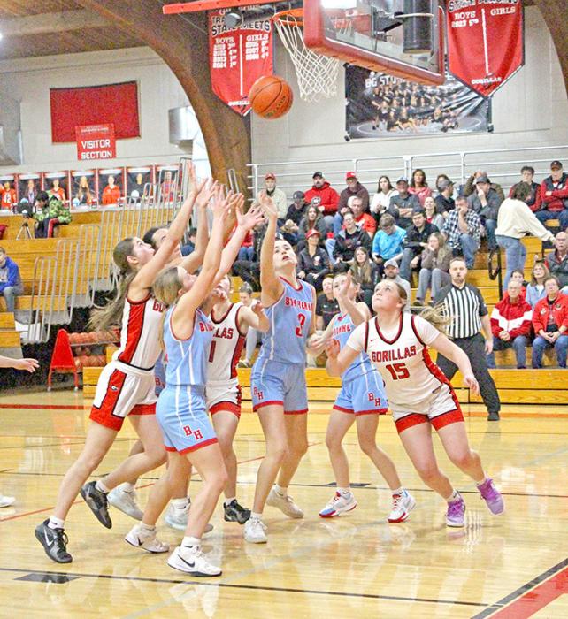 Six girls fight for a rebound in Gregory’s matchup with Bon Homme on Friday. (Photo by Maya Hull)