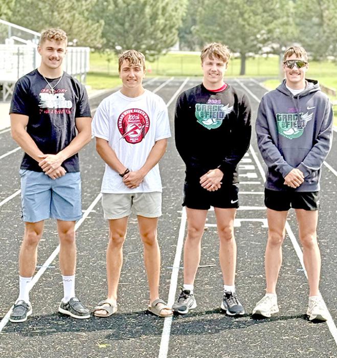 The Gregory sprint medley relay team of Max Cook, Luke Stukel, Pierce Stukel, and Fin Adams (shown l to r) will compete at the Nike Outdoor Nationals later this month.