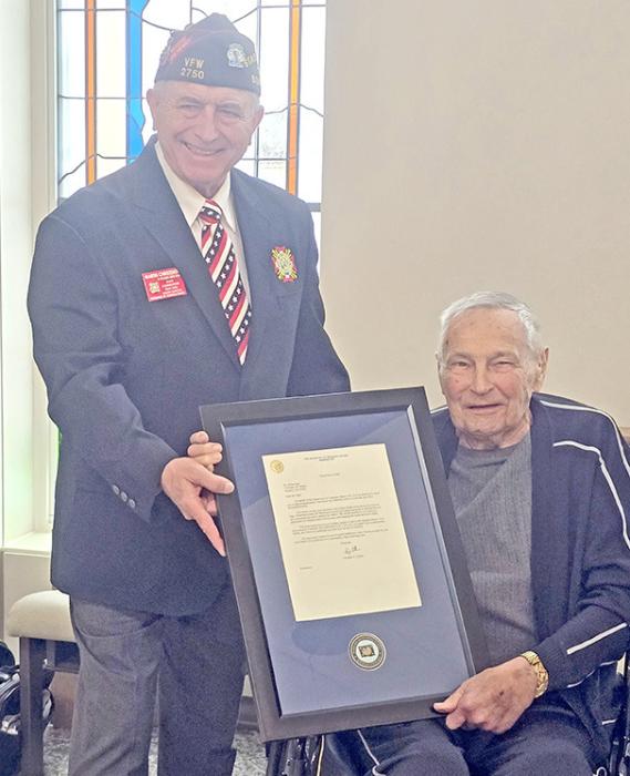 Elmer Karl received his certificate during a special presentation on December 17, 2025, at the Avera Gregory Chapel from Dr. Martin Christensen, South Dakota VFW State Commander.