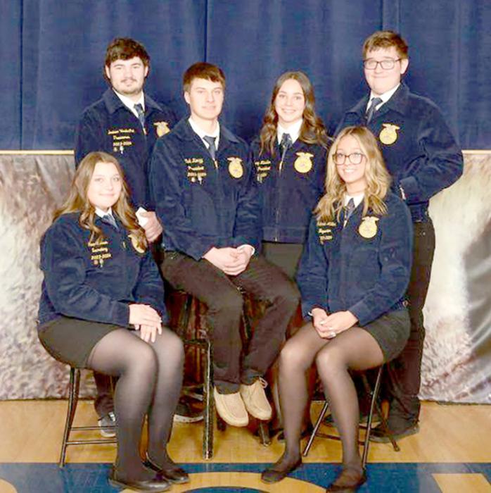 The 2024 Gregory County FFA officers are pictured above. Standing, l to r: Jamison VanderPol, treasurer, and Leo Mosterd, sentinel; seated, l to r: Ava Kerner, secretary, Nick Kenzy, president, Avery Zeisler, vice president, Aubree Miller, reporter