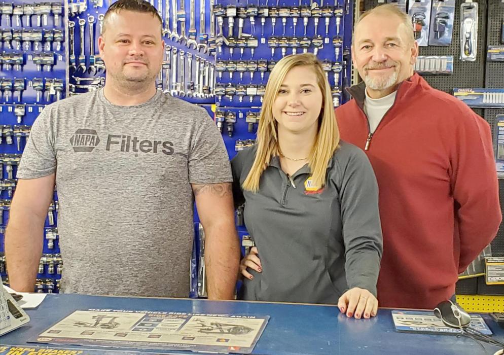 Doug Knust, right, is the new owner of the Gregory NAPA store. Tori Wendell has joined the business as manager, and Chris Reinartz, left, who has worked at the store for about five years, will remain there as assistant manager.