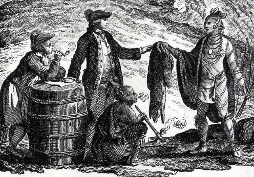 Early fur traders didn’t establish settlements but merely came to trade with the Indians and went back to Europe. Fur traders in Canada, trading with Indians by William Faden, 1777, (Public domain)