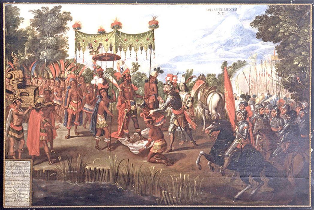 Montezuma’s offer of gold to prevent an attack on his city only fueled the Spaniards’ hunger for more gold. (Image: The Meeting of Cortés and Moctezuma by unknown artists.)
