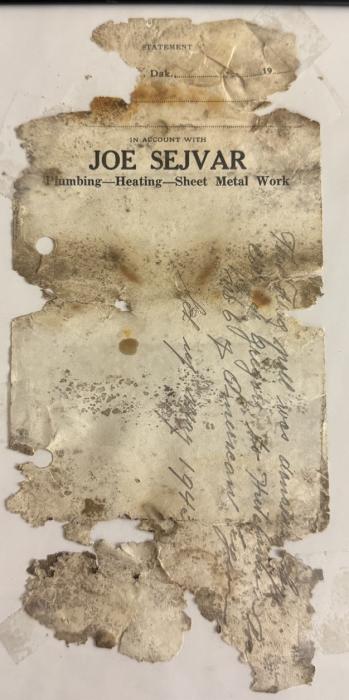 This note, written on a ticket from Joe Sejvar Plumbing, Heating and Sheet Metal Work says: “This flag pole was donated by the City of Gregory to Hutchison Post No. 6 of American Legion, set up May 1943.”