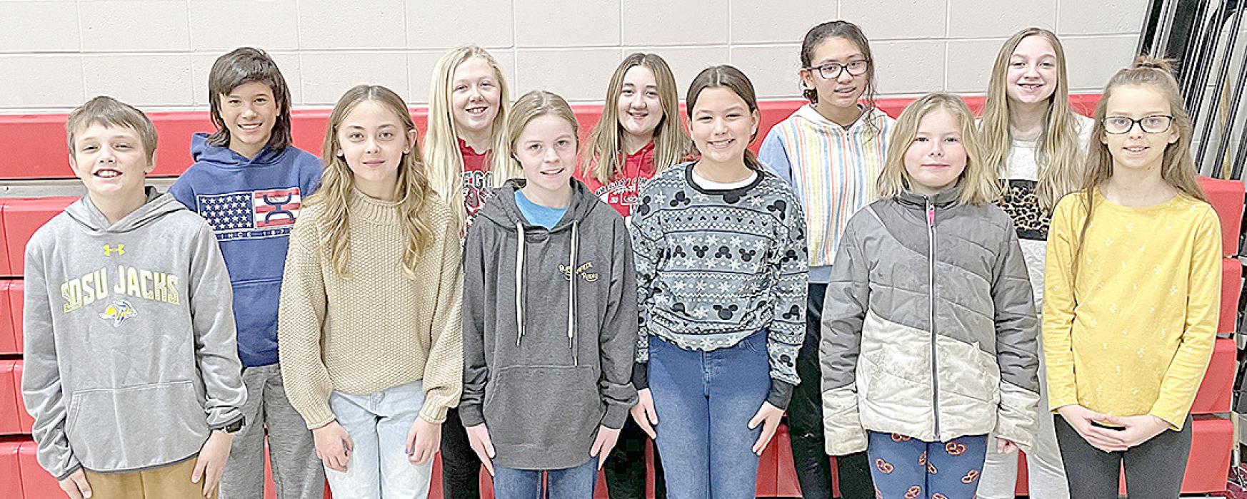 Eleven Gregory fourth through sixth-grade students were chosen to sing in the Elementary Festival Honor Choir to be held in Brookings, SD, on Thursday, February, 9, 2023. Gregory students selected are, back row, l to r: David Biggins, Gracelyn Lanz, Jaelyn Birkeland, Eliana Fiebelkorn, and Jerilee Hanson, Front row, l to r: Otto Reber, Kiana Haines, Elizabeth Wonnenberg, Hadley Braun, Harper Wenger, and Harper Rudie.