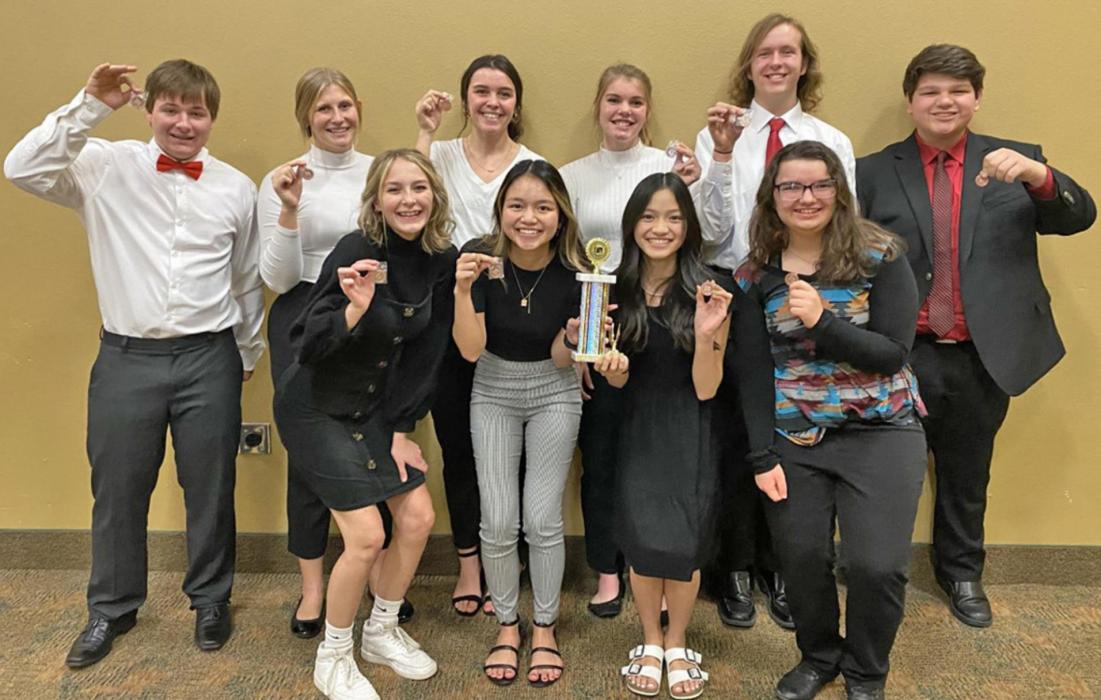 The Oral Interpretation team traveled to Oacoma for districts and brought home a trophy from districts. Those competing were back row, l to r: Jaden Graber, Gracie Kenzy, Anna Dargatz, Dakota Timanus, Christian Spann, and Eli Barreto. Front row l to r: Ashtyn Waldner, Nancy Khuu, Cindy Khuu, and Ravyn Oliver.