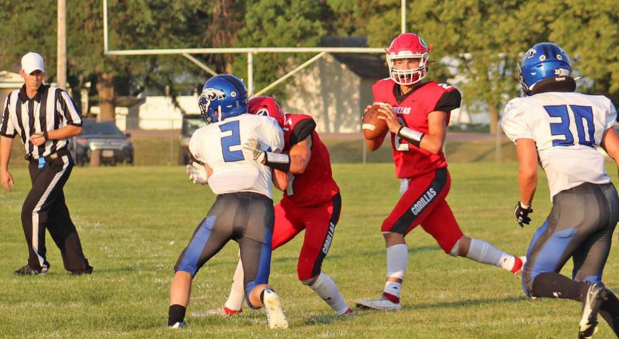 The Gorillas had a strong night against Irene-Wakonda last Friday night at their first game at home. Quarterback Rylan Peck assisted in the team effort completing 5 of 7 passes to Gannon Thomas and Kade Stukel to help earn the Gorillas two TD’s and two 1st downs. Peck also rushed 9 times to gain 125 yards for an additional two touchdowns and five first downs. The Gorilla defense held the Eagles to six 1st downs and 137 yards of total offense. (Photo by Kristy Ring)