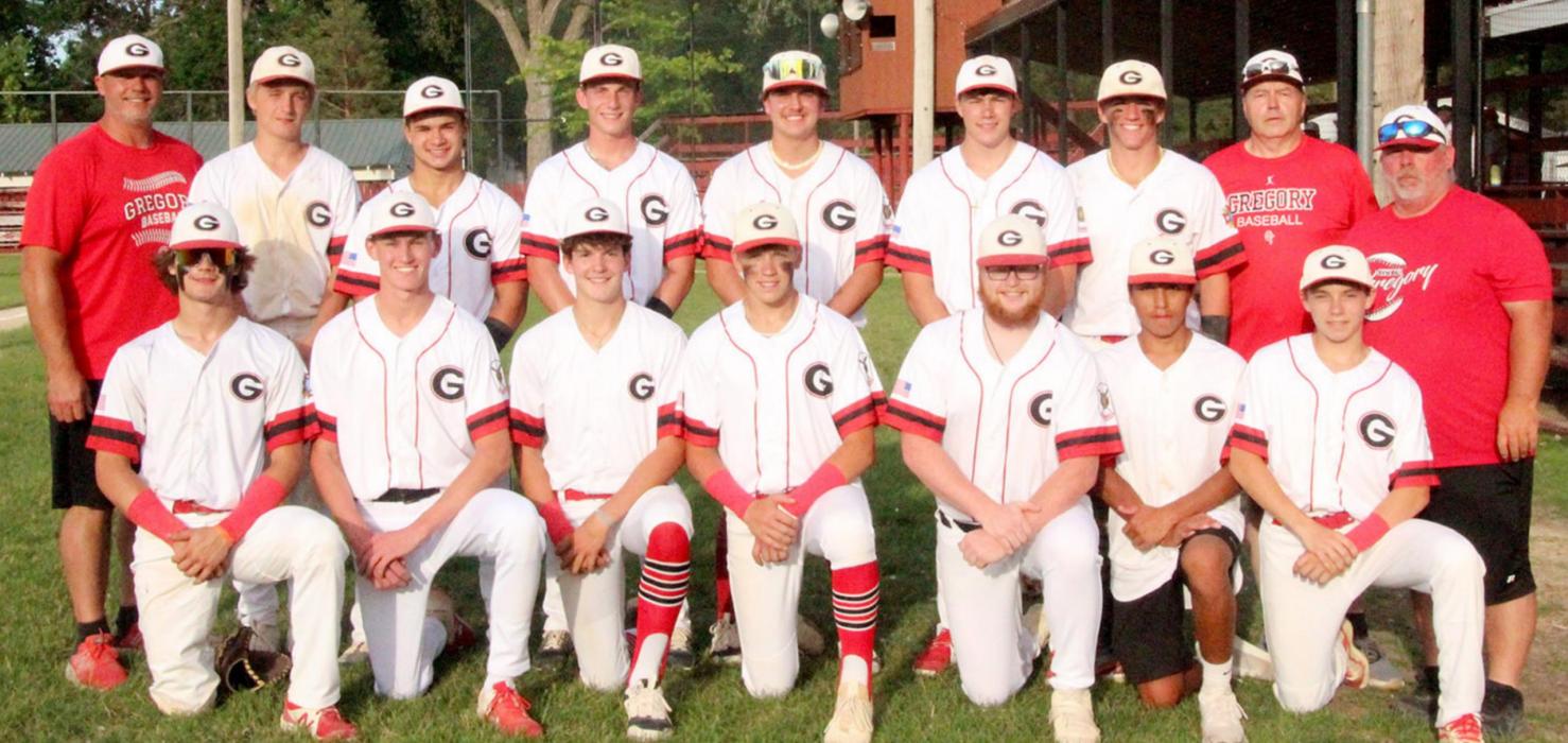 The Gregory Legion baseball team currently has a 4-1 record on the season. They are pictured above, back row, l to r: Coach Neil Hylla, Jad Leber, Trey Murray, Ben Witt, Brogan Glover, Carson Klundt, Gannon Thomas, Coach Lonnie Klundt, and Coach Rich Stephens. Front row, l to r: Rylan Peck, Bryce Frank, Reed Benter, Kade Braun, Owen Duffy, Alex Songer, and Sawyer Tiegen.