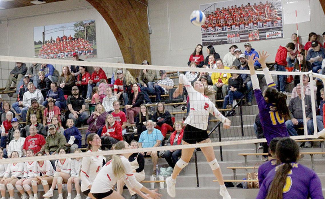 Dani VanDerWerff goes high to put the ball over the net in the Spikers’ win against Lower Brule.