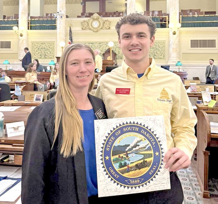 Ryler Stevicks is shown here at the capitol with his District 21 senator and sponsor Mykala Voita.